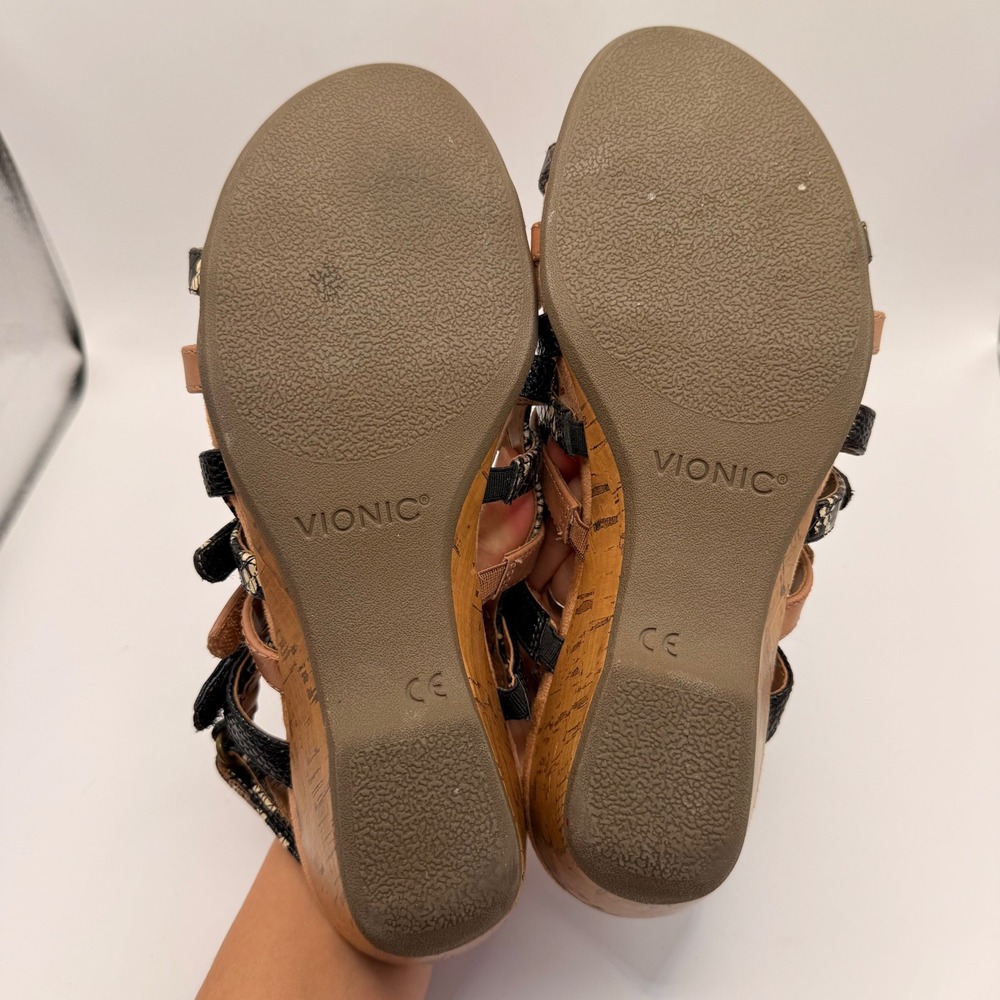 Vionic Tess Womens 8.5 Black Tan Snakeskin Multi Strap Cork Wedge Sandals‎ - Picture 6 of 6